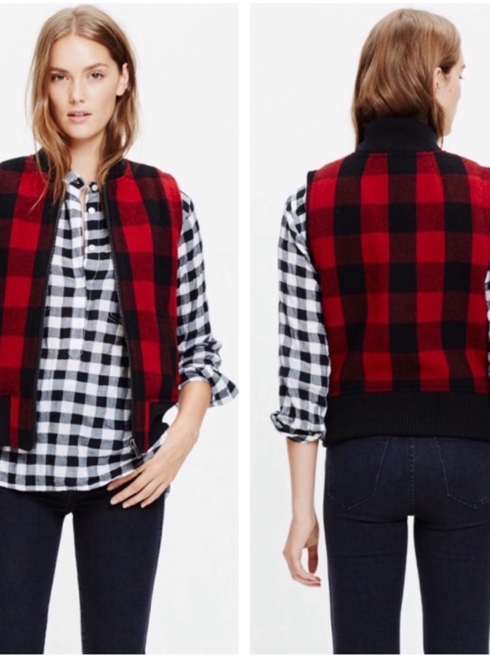 •Madewell• Red and Black Wool Buffalo Check Lumberjack Vest Sz Medium